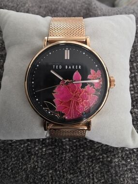 Ted Baker Rose Gold Mesh Watch with Pink Floral Dial